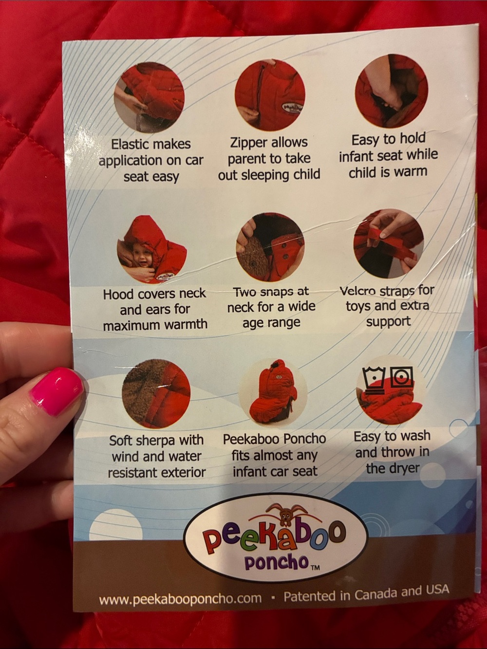 Peekaboo Poncho Red Quilted Jacket/car seat cover/shopping cart liner NWT - Picture 3 of 11